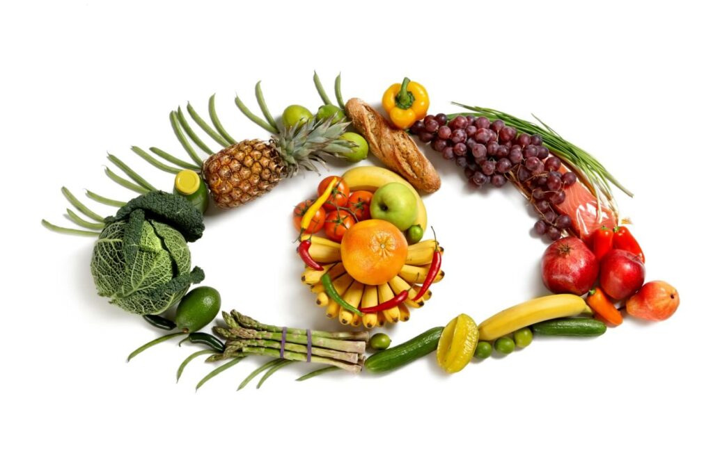 A collection of healthy fruits and vegetables in the shape of an eye.