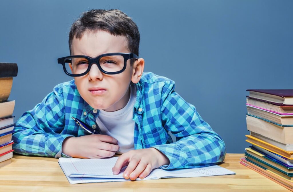 Child with glasses squinting at the distance while seated on a desk writing notes with piles of books around.