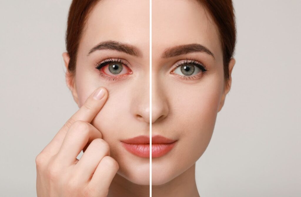 A close-up of one person’s face shows a comparison between a red, irritated eye on one side and a healthy, clear eye on the other.