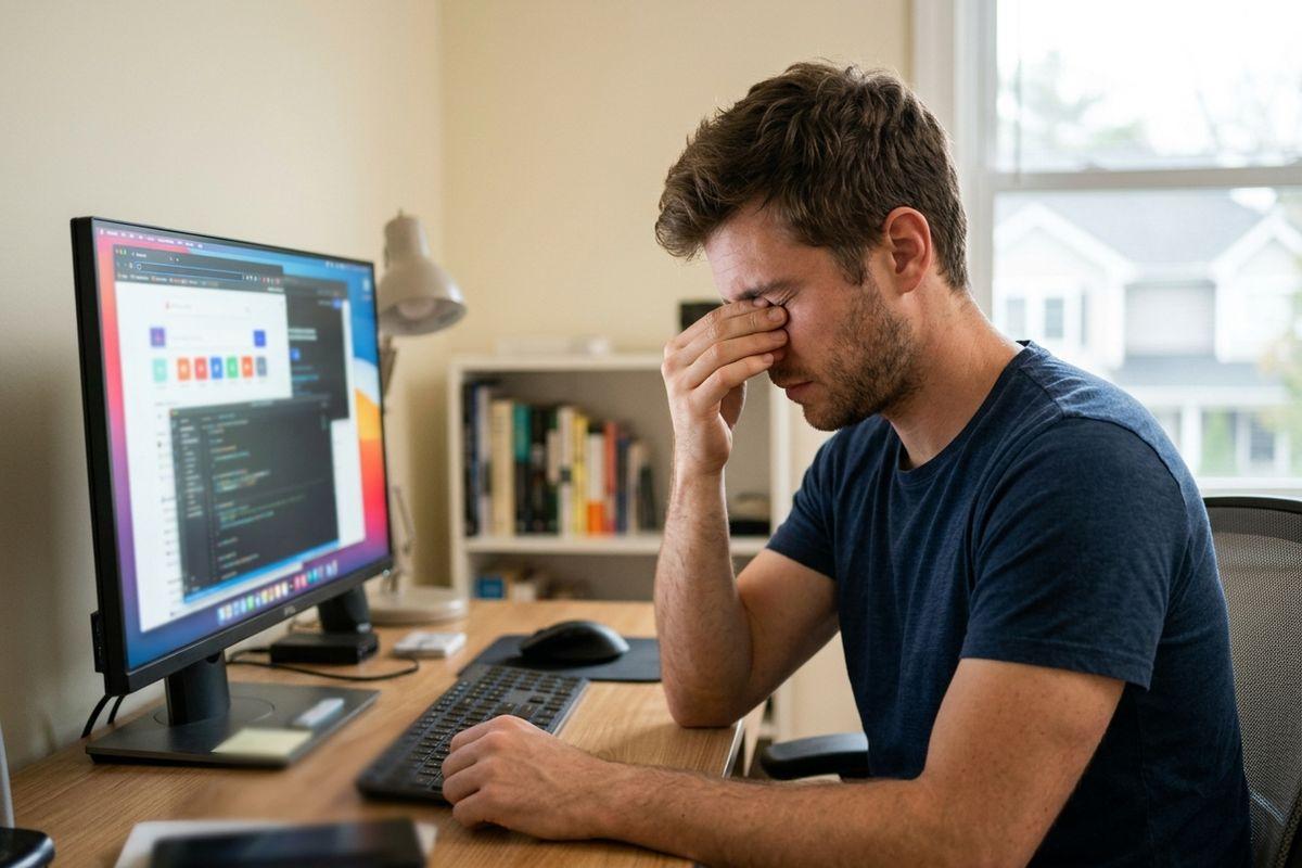 A person is rubbing his eyes in front of the screen.