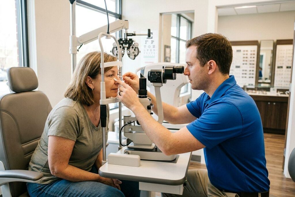The patient is getting a MGD treatment from an eye doctor at the clinic.