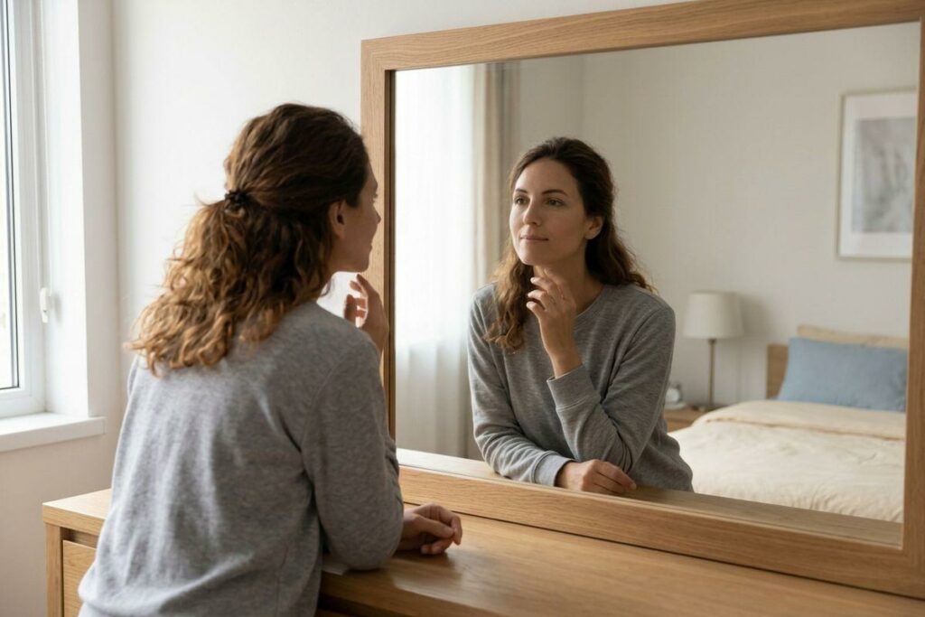 A person is looking her face into the mirror in the bedroom