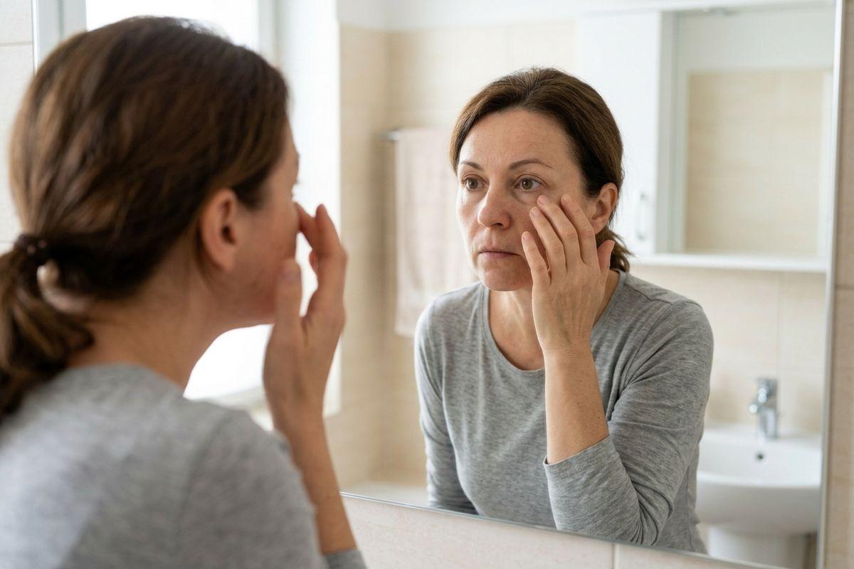 A person is touching her skin and looking thorugh the mirror 