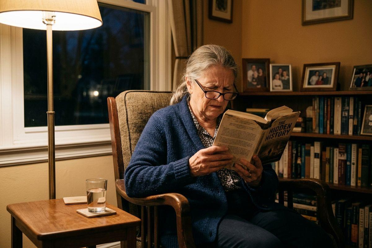 Older adult wearing glasses reads a book while seated in an armchair beside a lit lamp and table with a glass of water in a cozy room with bookshelves.