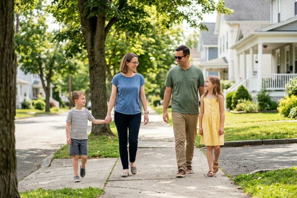 Two adults and two children walk holding hands on a tree-lined residential sidewalk, smiling at each other.