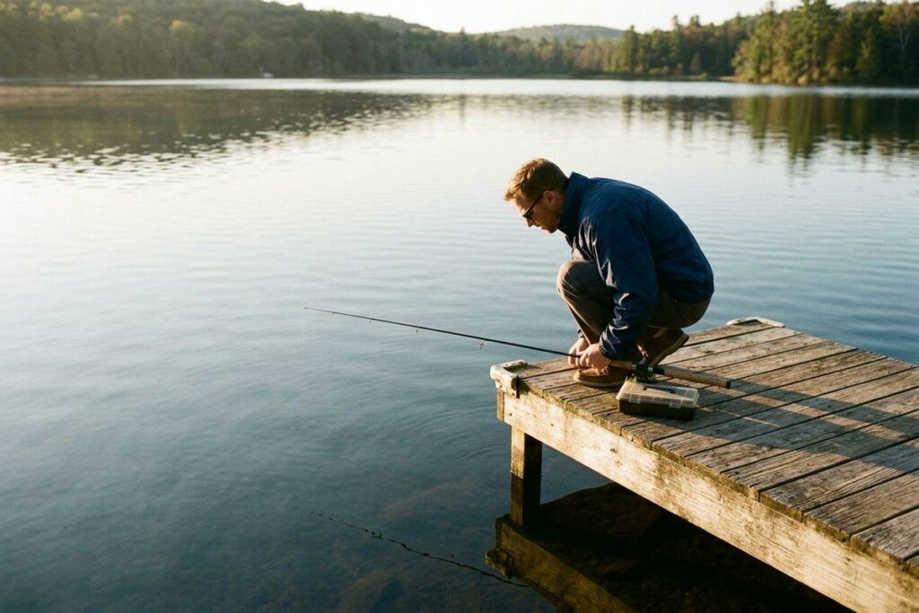 Adult crouching at the edge of a wooden dock, holding a fishing rod over a calm lake with forested shoreline behind.