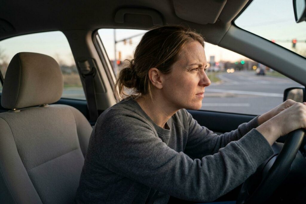 Adult driving a car at dusk, leaning forward with both hands on the wheel and squinting at the road ahead with traffic lights beyond.
