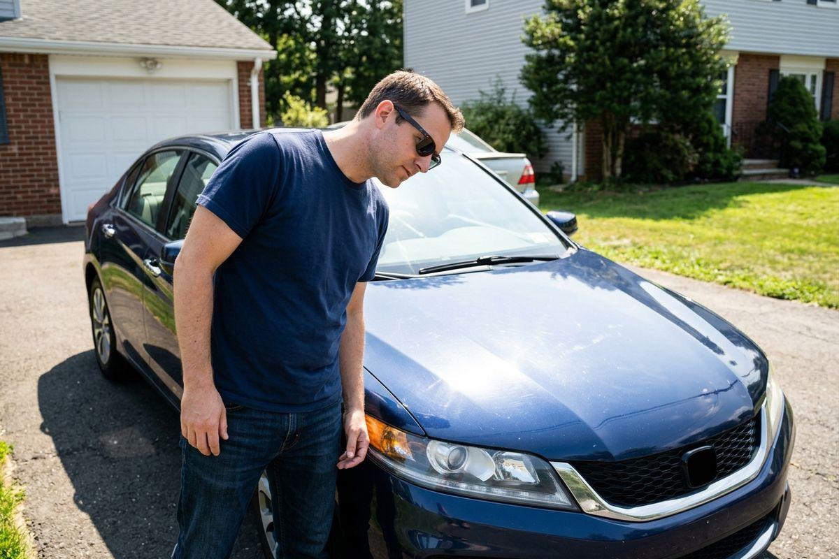 Adult in sunglasses and navy T-shirt leans over, looking closely at the hood of a dark blue sedan in a sunny driveway.