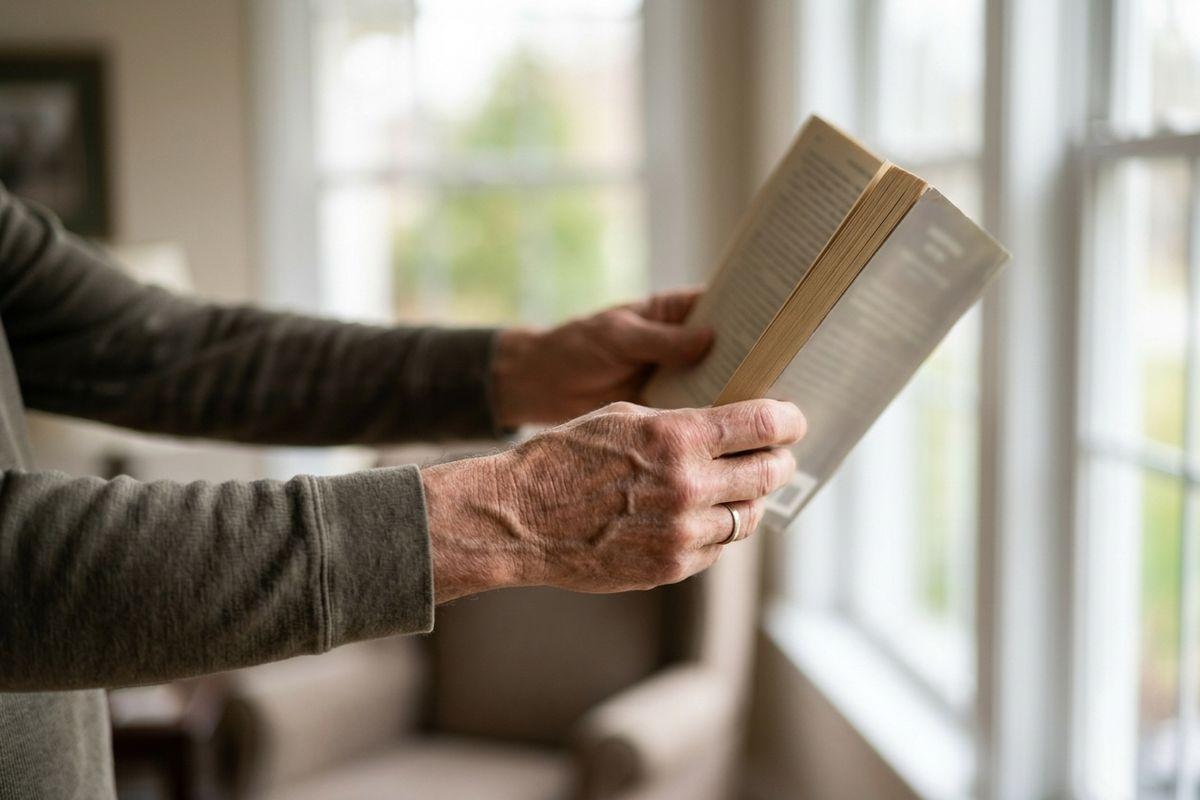 Close-up of an older adult's hands holding an open paperback book near a bright window in a living room.