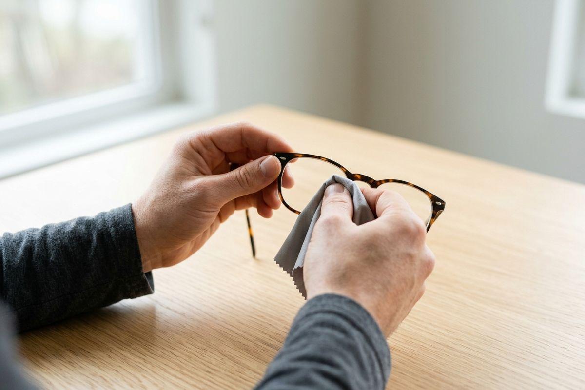 Close-up of a person's hands cleaning tortoiseshell glasses with a grey microfibre cloth at a wooden table by a window.