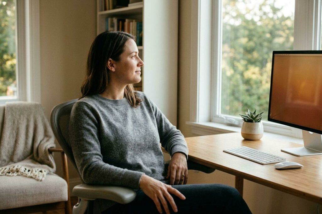 Person in a grey sweater sits in a desk chair at a home office, looking out the window past a monitor, keyboard and small plant.