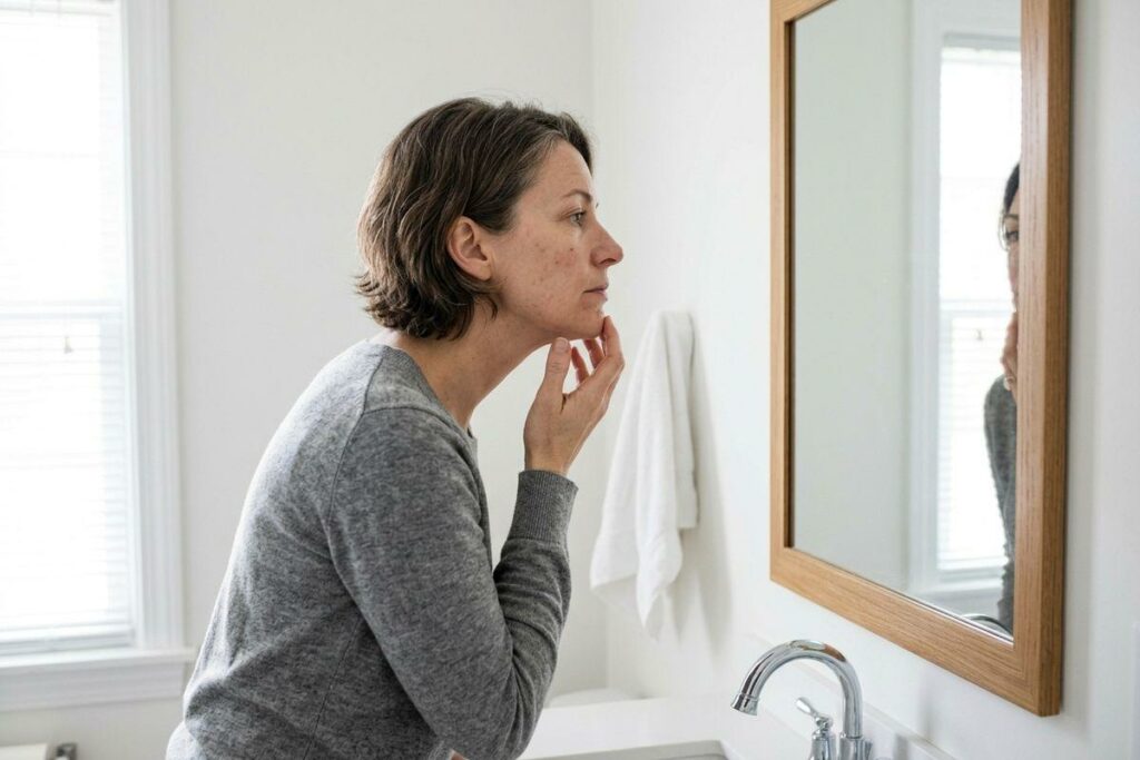 Adult in a grey sweater leans toward a bathroom mirror, touching their chin and examining their face with a focused expression.