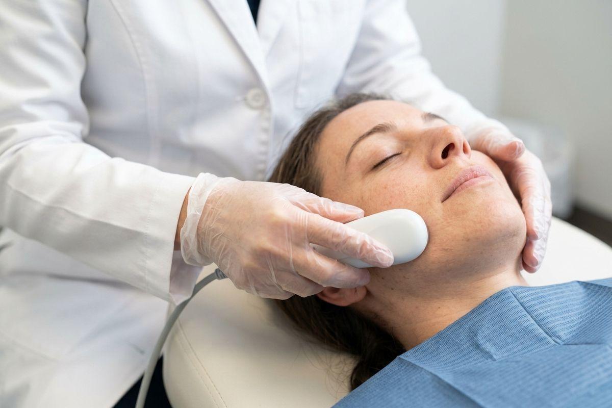 Gloved clinician moves a handheld device across the cheek of an adult lying back with eyes closed during a facial treatment.